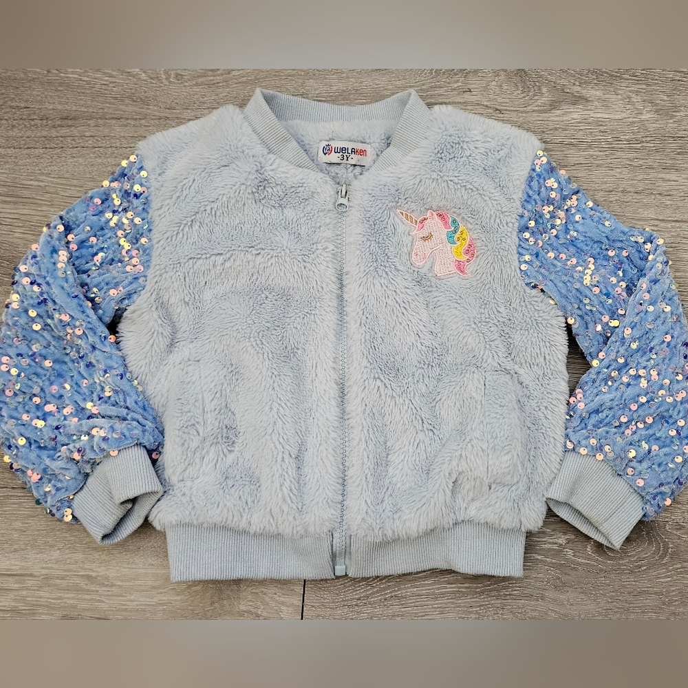 Welaken Girls' 3T Blue Fleece Unicorn Sequin Sleeve Full Zip Jacket Pockets